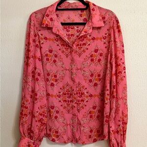 Floral Pink Women's Button Up Long Sleeve Top Size L